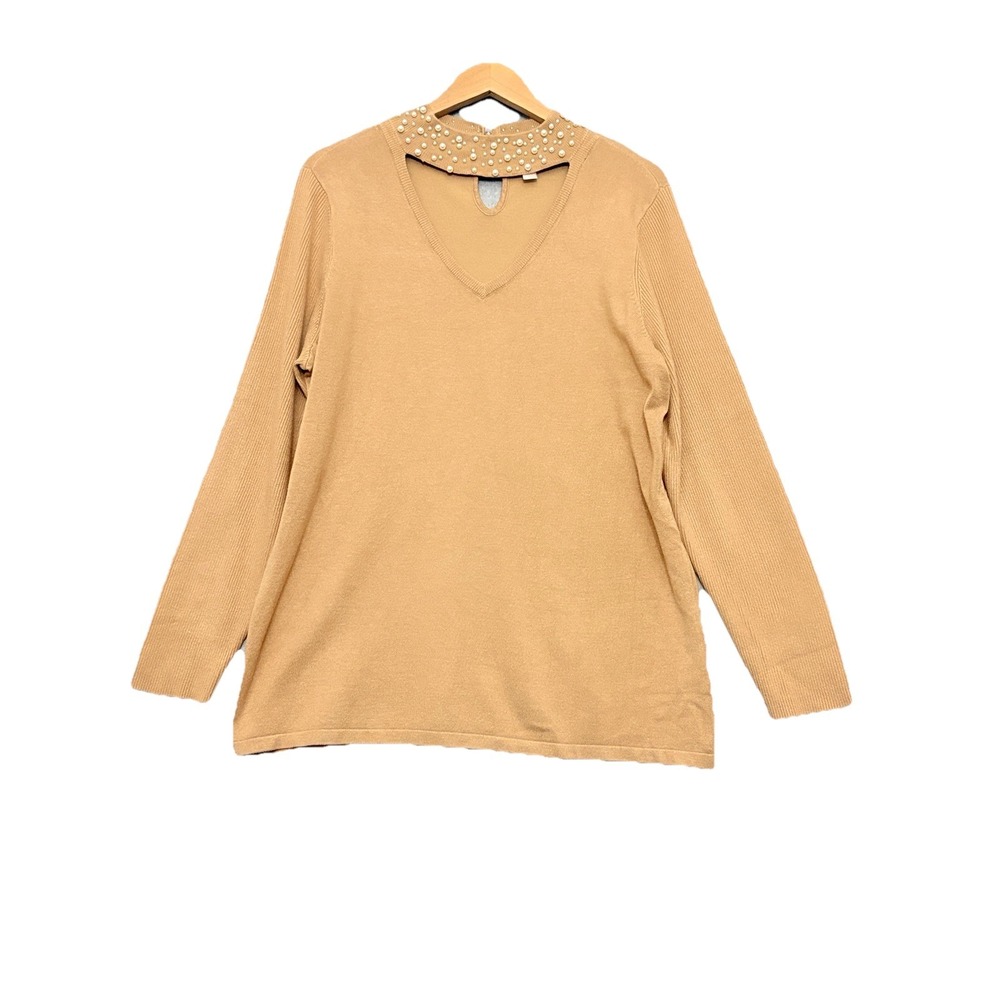 Belle by Kim Gravel Feather Knit Faux Pearl Collar Sweater Camel Large-A343339